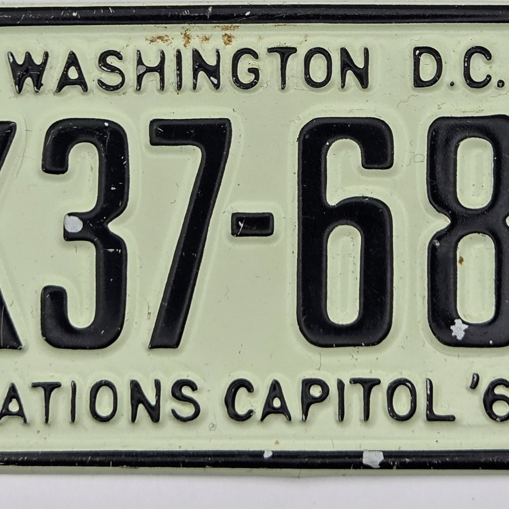 Vintage 1968 Washington DC Metal Bicycle License Plate From Post Cereal, 2"x4